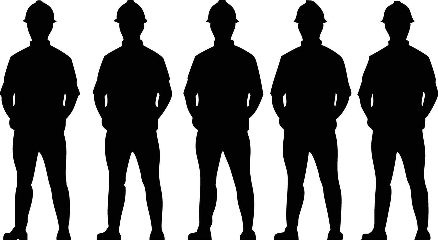 Five black silhouette figures wearing hard hats stand in a row on a white background vector