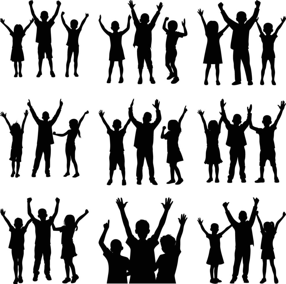 Many silhouette kids with arms raised in various poses appear excited in the vector