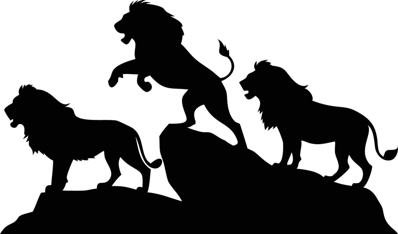 Three lions stand atop rocky terrain in silhouette, one leaping with power vector