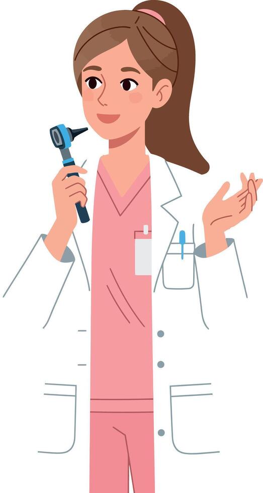 Female doctor in pink scrubs holding otoscope illustration medical professional portrait vector