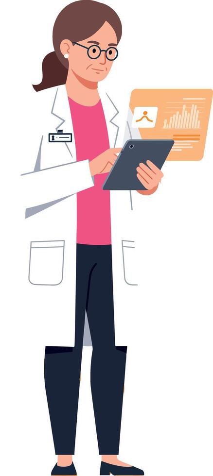 Female scientist using digital tablet with data analytics in laboratory setting illustration vector