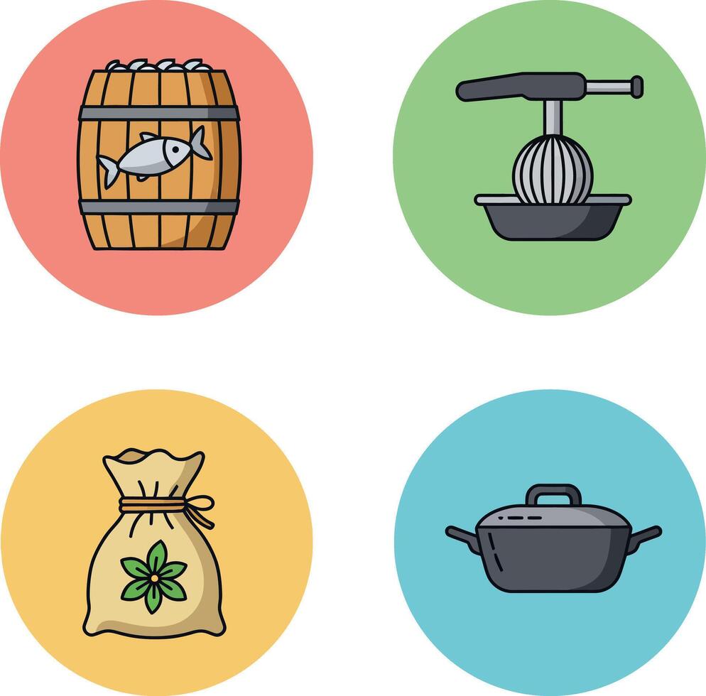 Fishing barrel, lemon squeezer, herb sack, cooking pot kitchen tools set vector