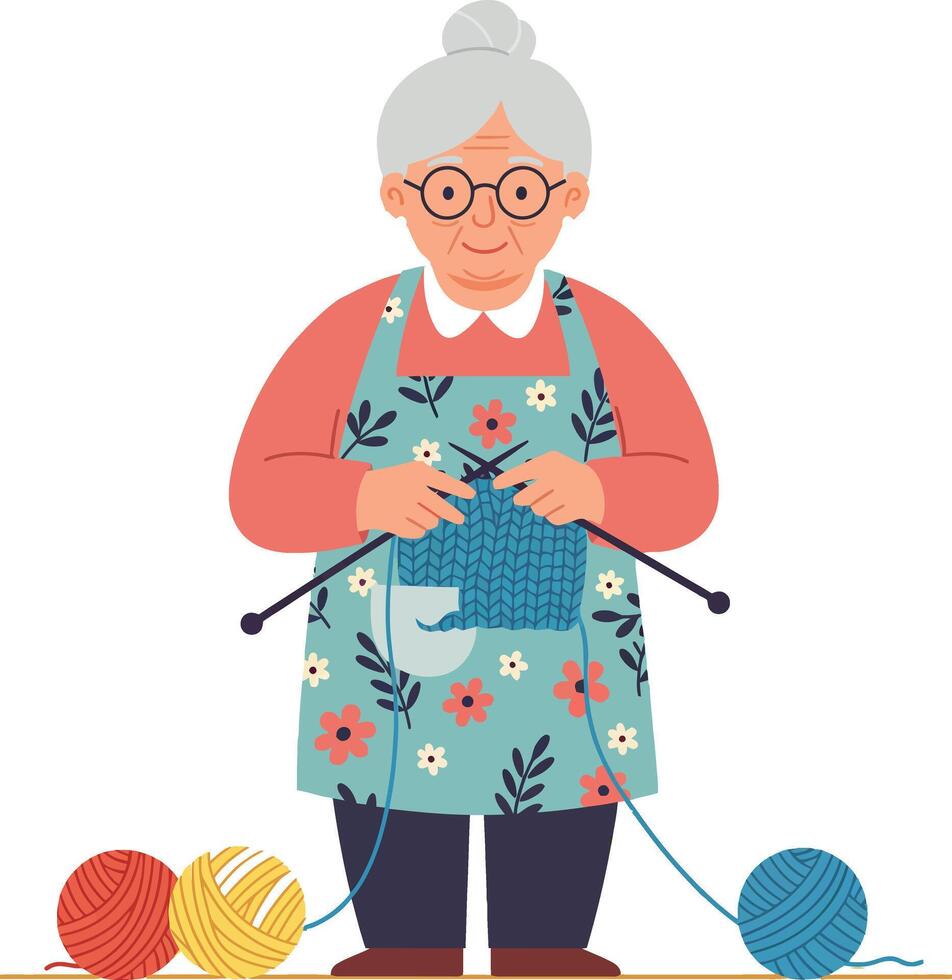 Elderly Woman Knitting Blue Yarn with Floral Apron and Colorful Balls of Wool Illustration vector