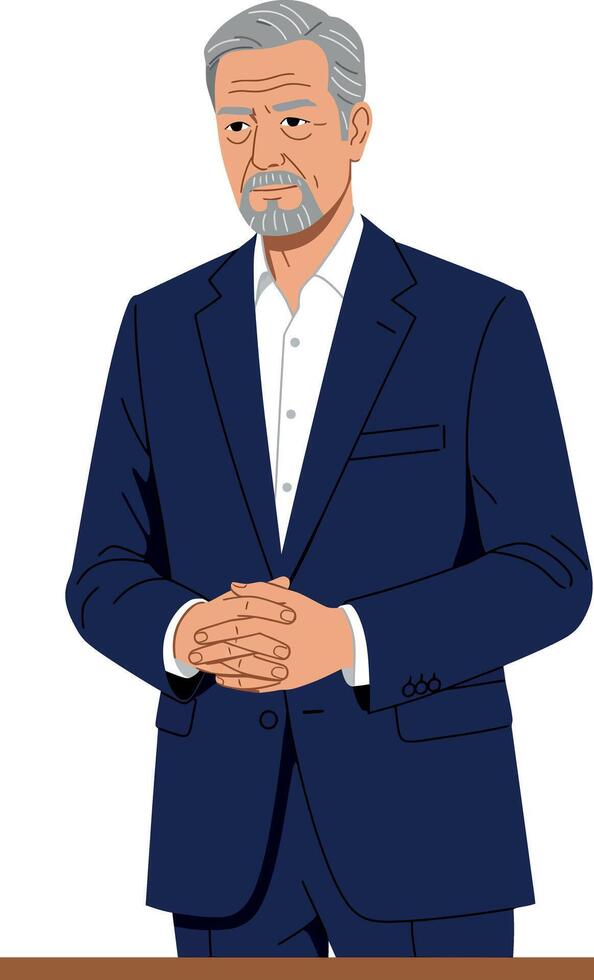 Mature businessman in navy blue suit standing with hands clasped illustration vector