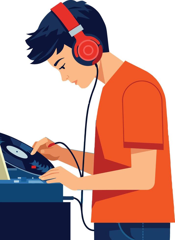 Young man DJ mixing music with headphones and turntable in orange shirt illustration vector
