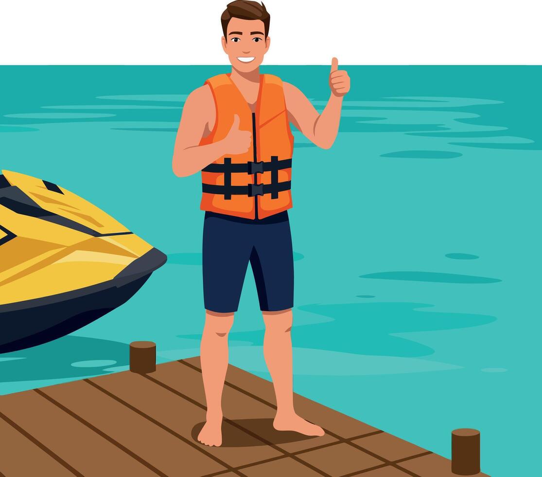 Man with life jacket standing on dock near yellow jet ski on turquoise water illustration vector