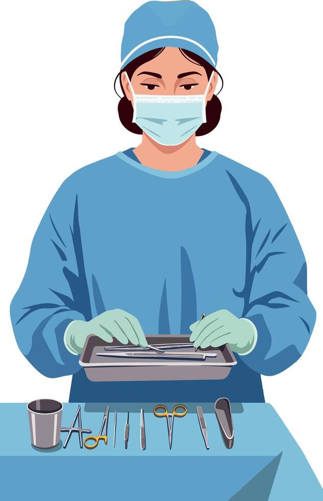 Female Surgeon Preparing Surgical Tools in Operating Room Wearing Blue Scrubs and Mask vector