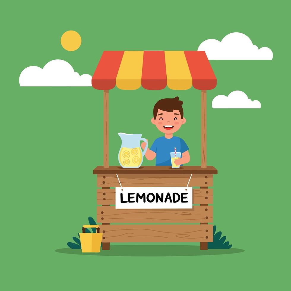 Lemonade stand with happy boy selling refreshing drink outdoors in summer vector