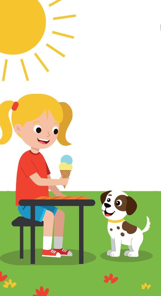 Girl with ice cream sitting on bench and dog in sunny park illustration vector