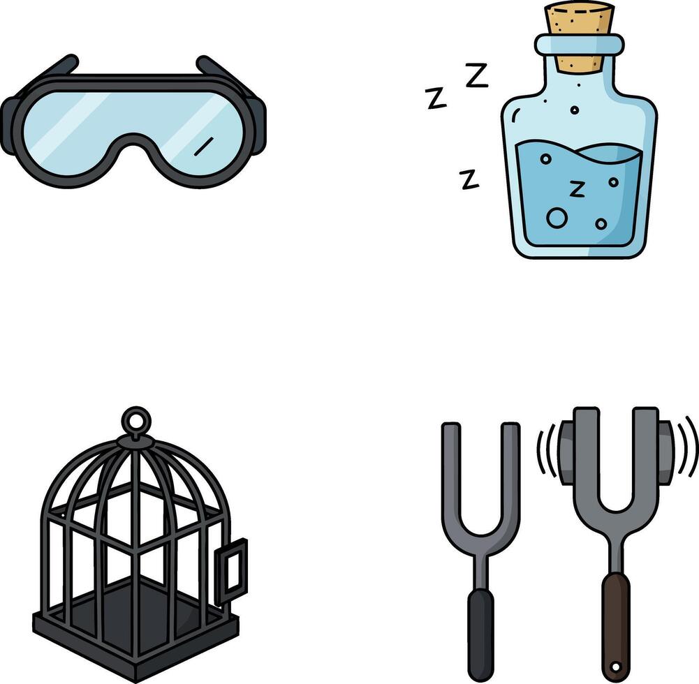 Safety goggles sleeping potion cage and tuning fork illustration set vector