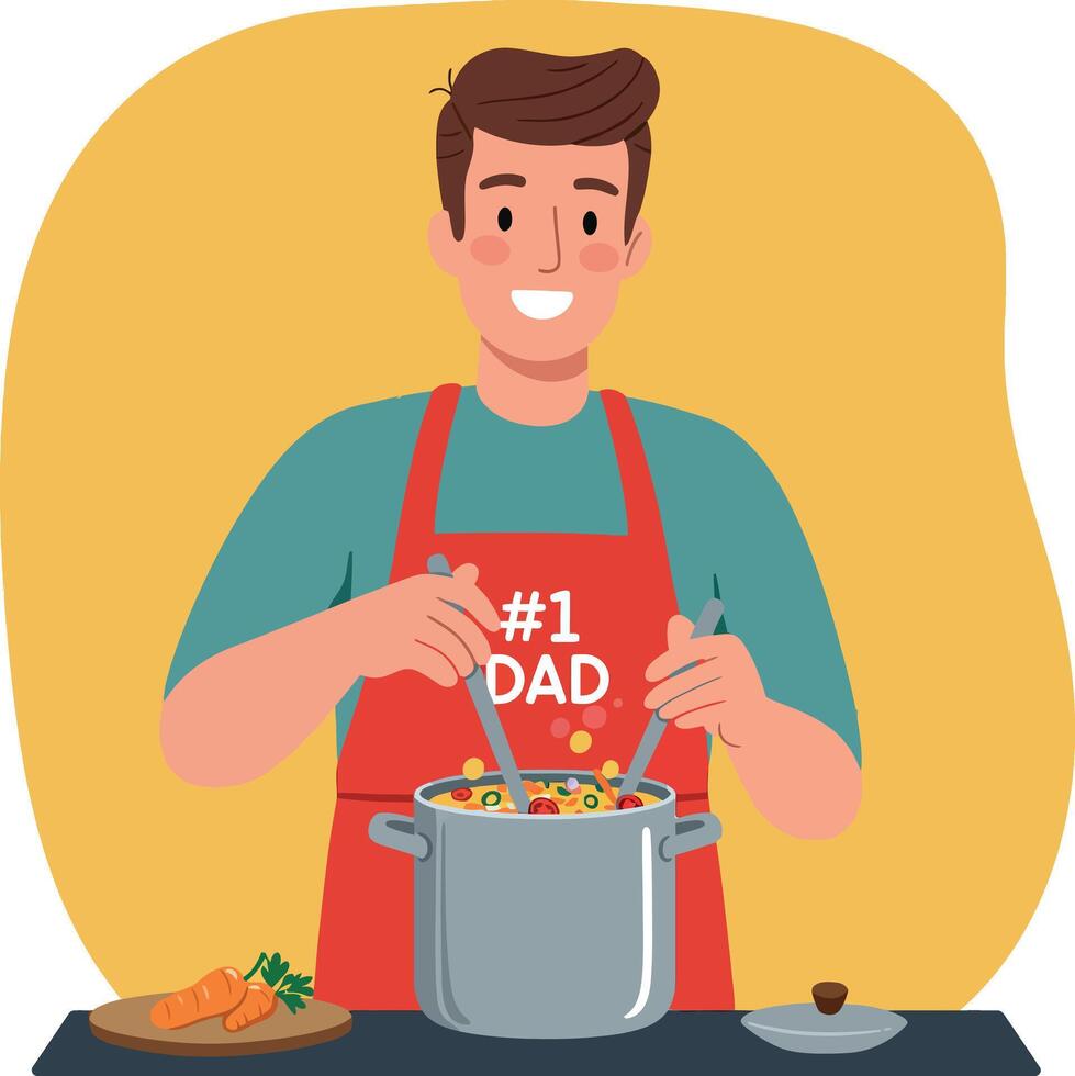 Man Cooking Soup Wearing 1 Dad Apron for Fathers Day Celebration Kitchen Scene vector
