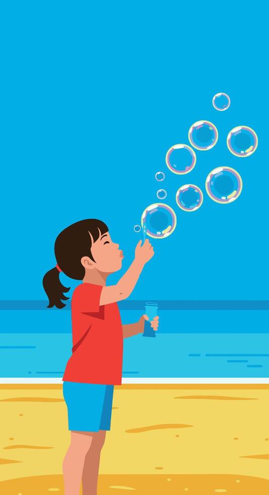 Child blowing soap bubbles on beach with blue sky and ocean background illustration vector