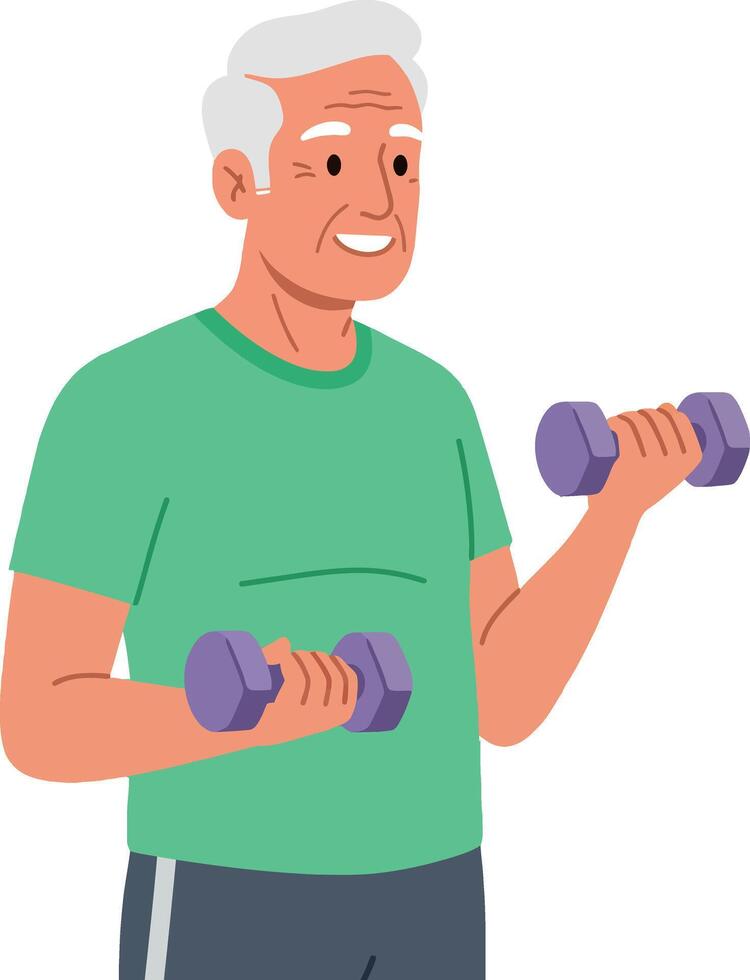 Senior man exercising with purple dumbbells in green shirt fitness activity illustration vector
