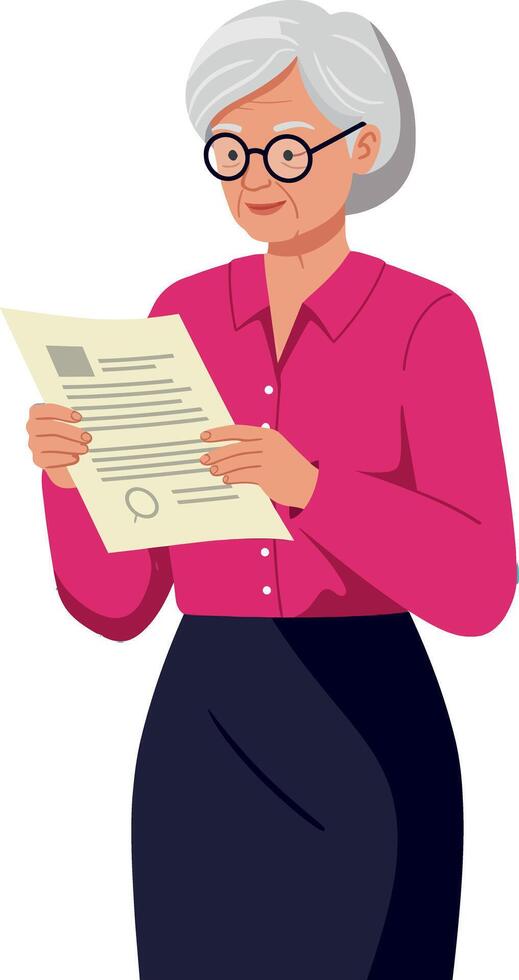 Elderly woman reading document with glasses in pink blouse and black skirt illustration vector