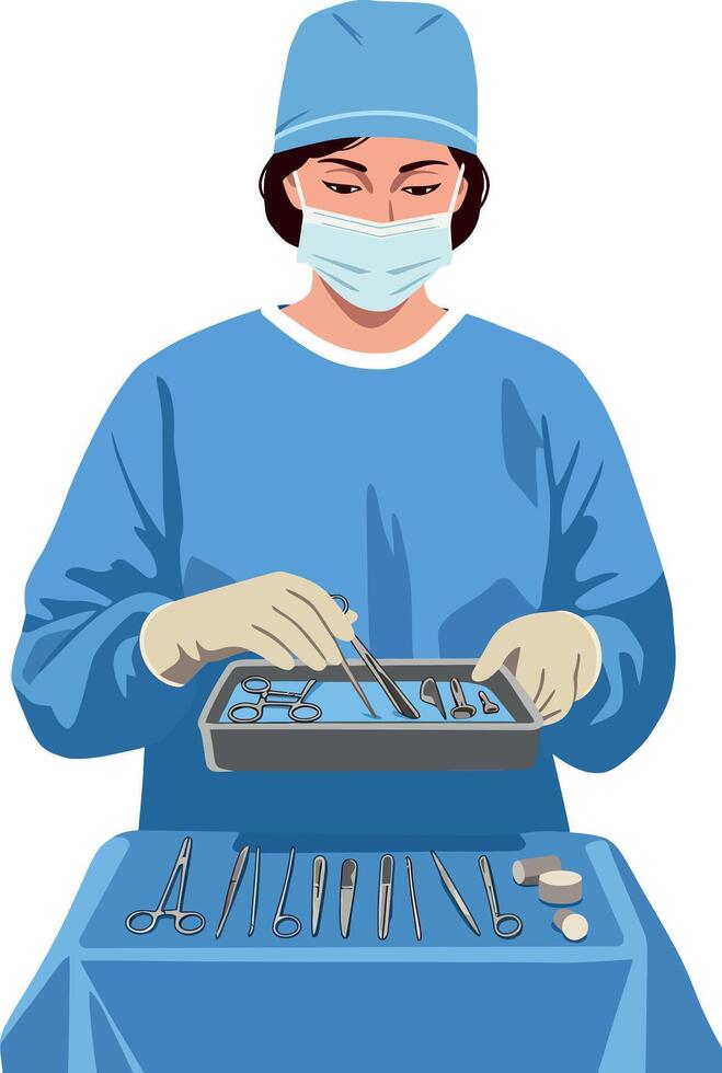 Surgeon in blue scrubs organizing surgical instruments for operation preparation illustration vector