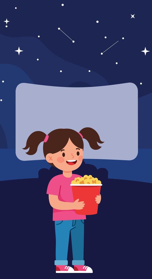 Girl holding popcorn watching outdoor movie night under starry night sky illustration vector