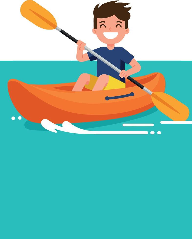 Boy kayaking on turquoise water in orange kayak with yellow paddle illustration vector