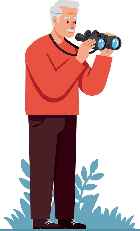 Elderly man using binoculars for bird watching in outdoor nature setting illustration vector