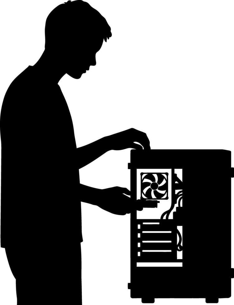 Silhouette of man repairing computer tower with cooling fan in black illustration vector