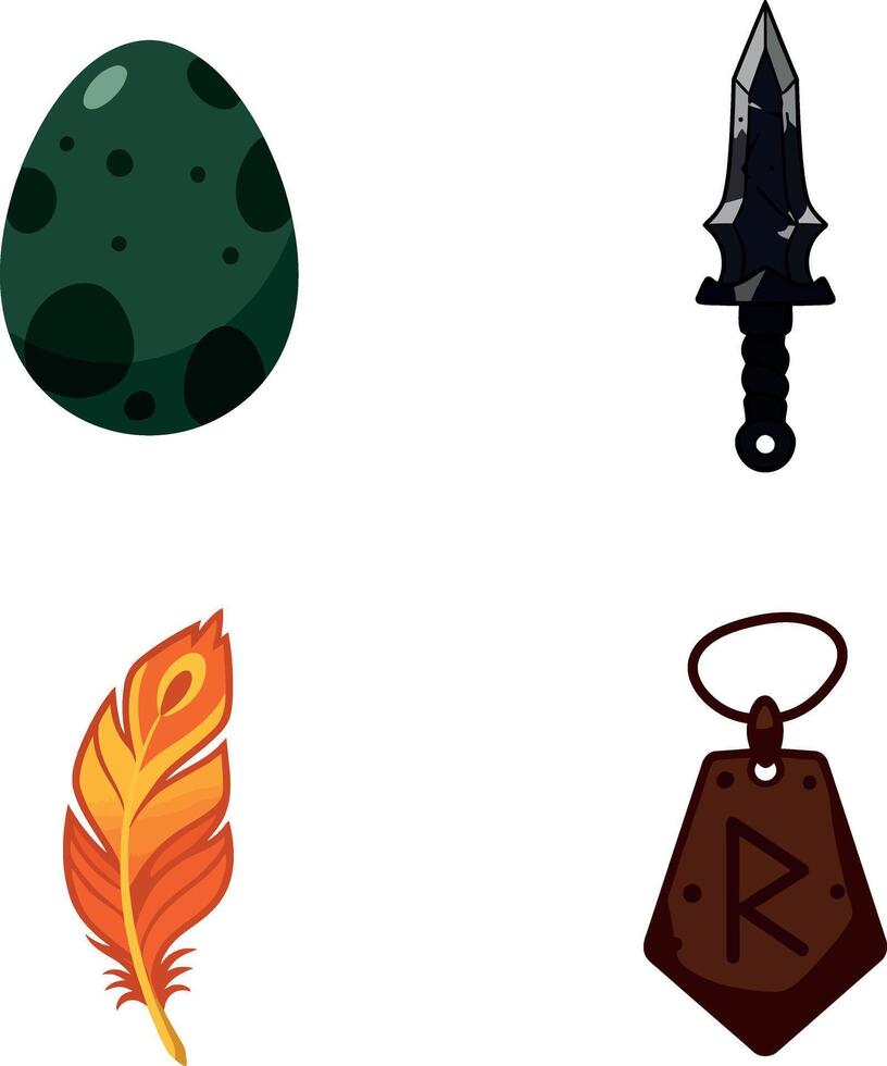 Dragon egg, spear, orange feather, and rune pendant collection illustration vector