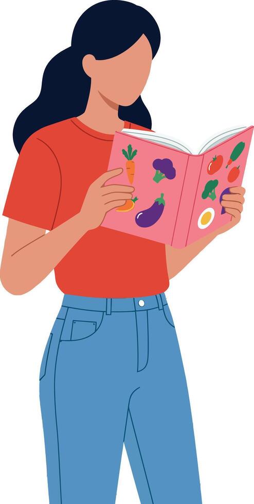 Woman reading book with colorful floral and vegetable cover in casual outfit illustration vector