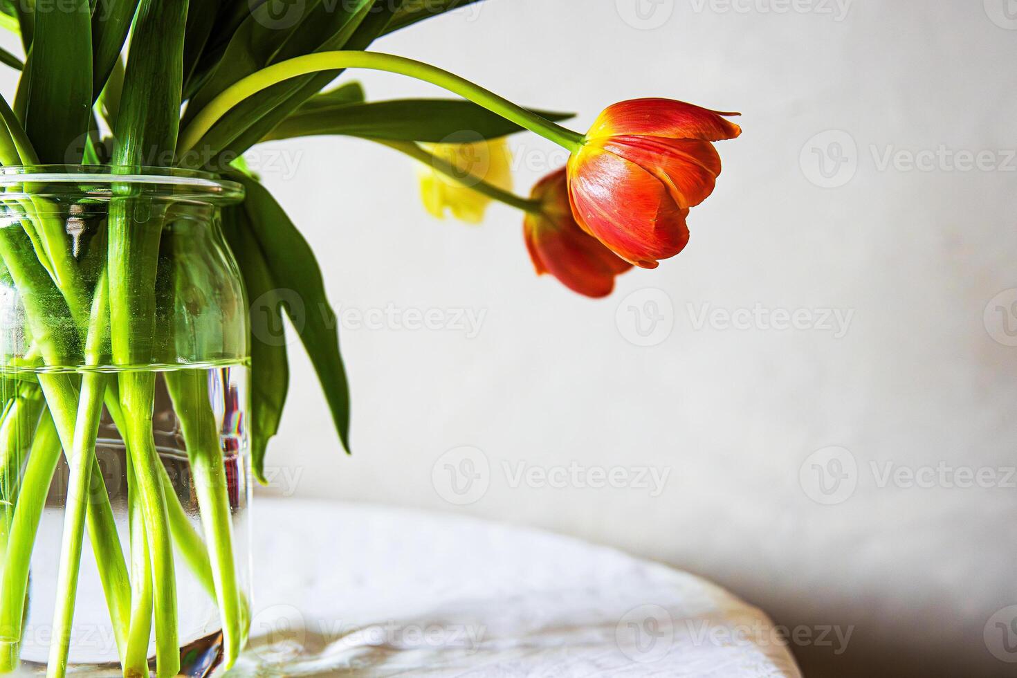 A bright bouquet of red tulips in a clear glass vase placed on a white round table against a neutral background. Shallow depth of field. Soft focus 07 photo