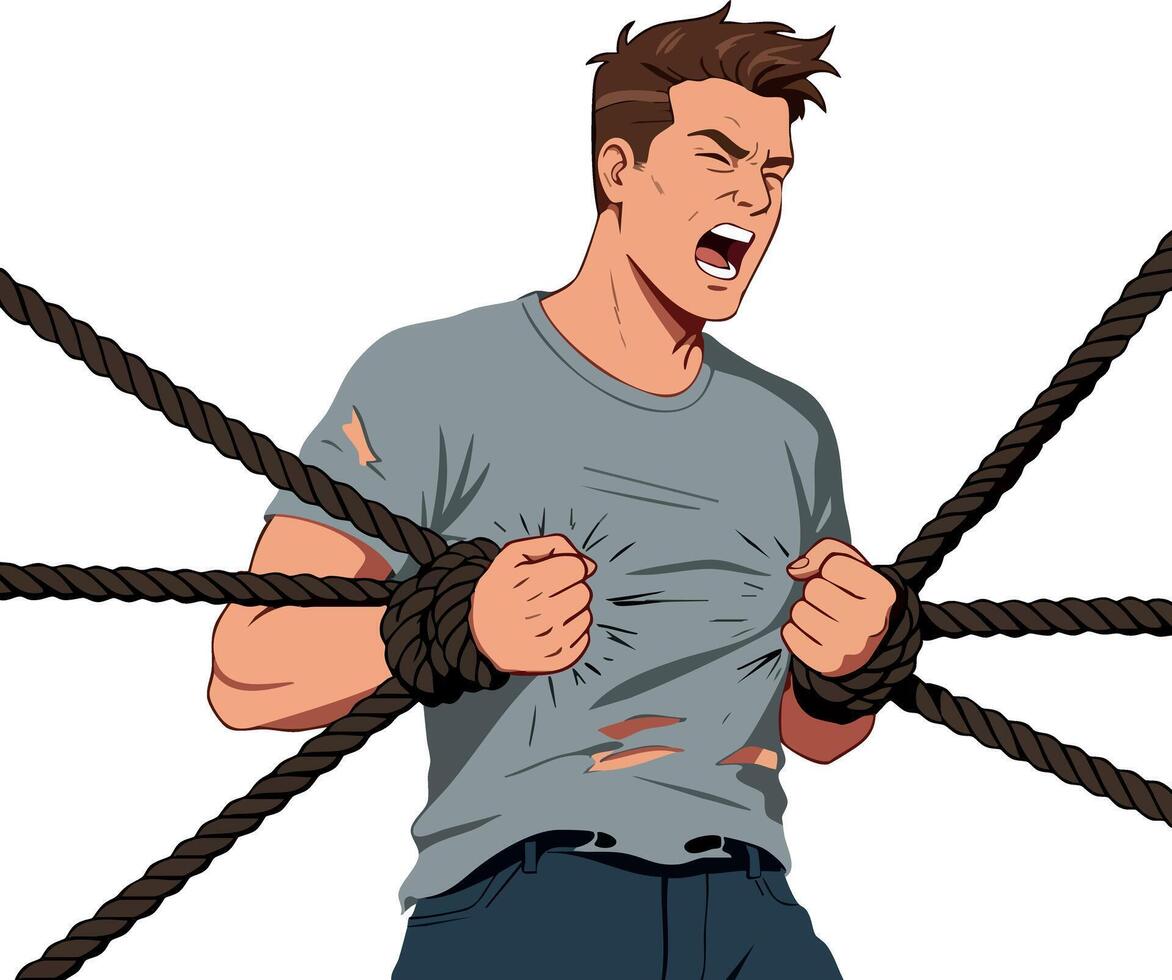 Man Struggling to Break Free from Multiple Ropes Illustration Showing Tension and Strength vector