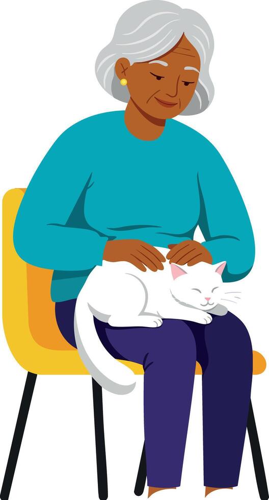 Elderly Woman Sitting on Yellow Chair Petting White Cat in Relaxed Home Setting vector