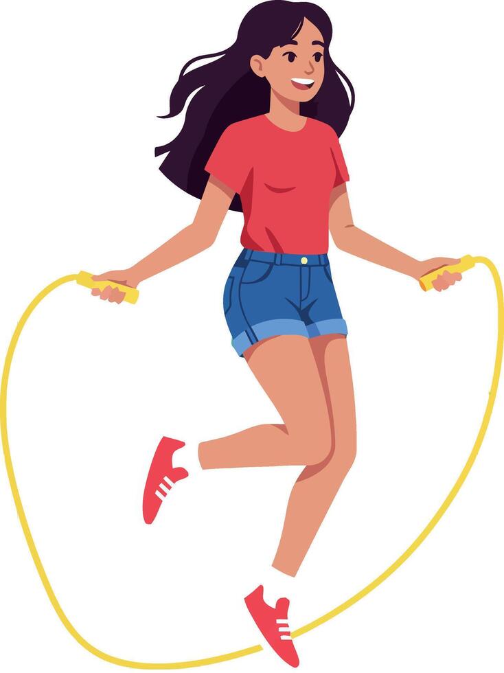 Young woman jumping rope with yellow skipping rope in casual red and blue outfit vector