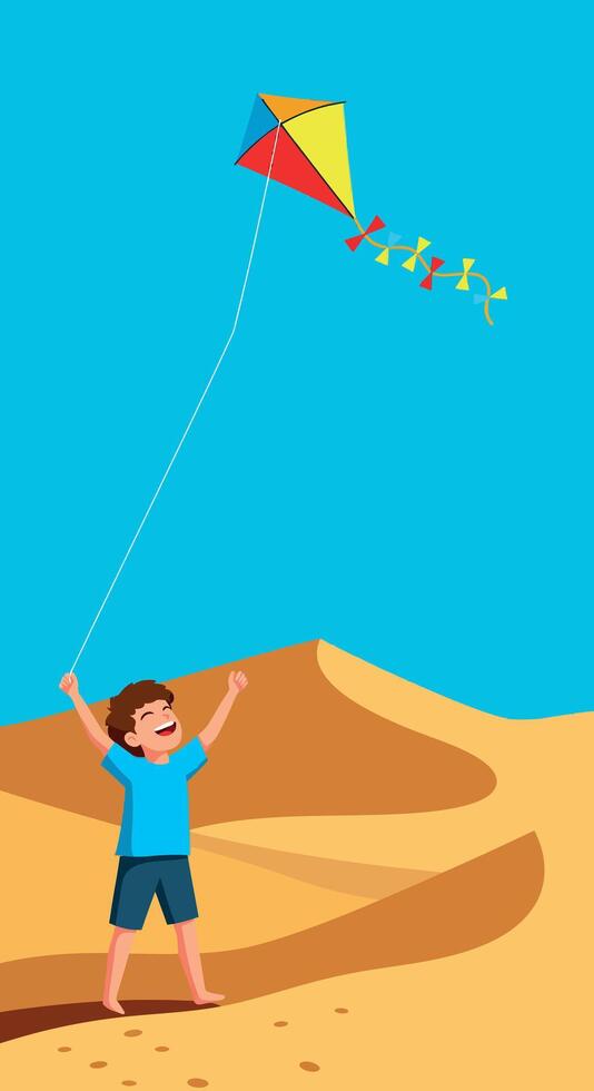 Boy flying colorful kite in desert landscape with blue sky background illustration vector
