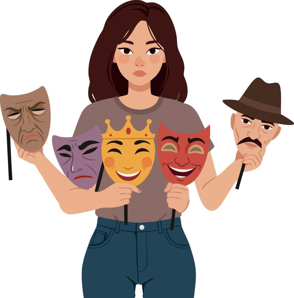 Woman holding various theatrical masks representing emotions and roles illustration vector