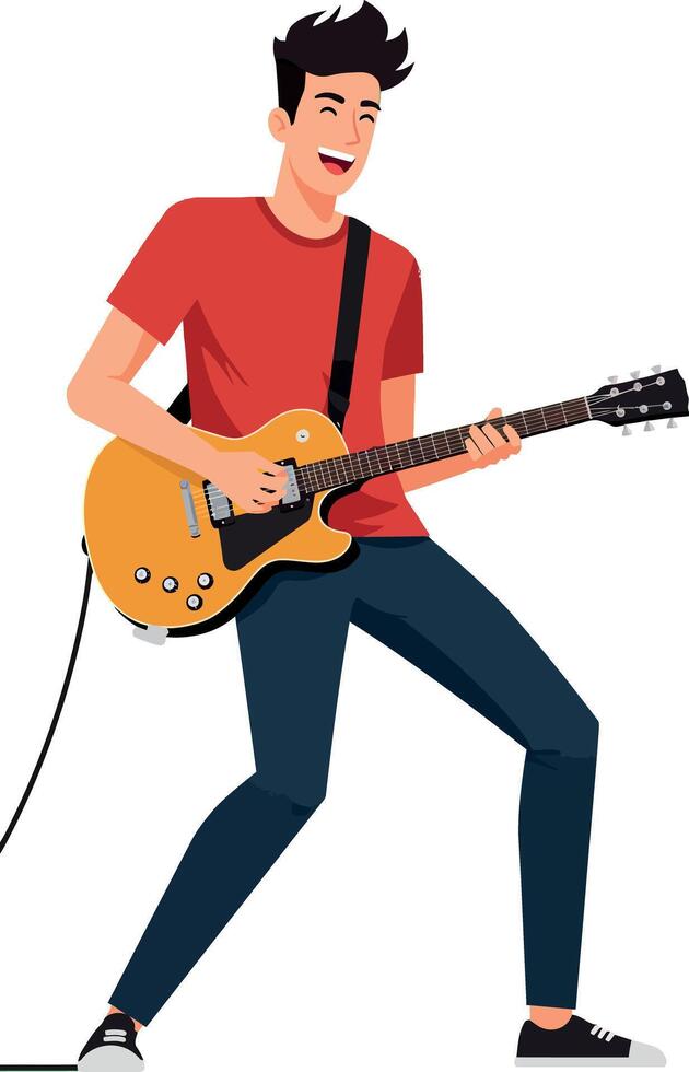 Young man playing electric guitar in red shirt and blue pants energetic musical performance vector