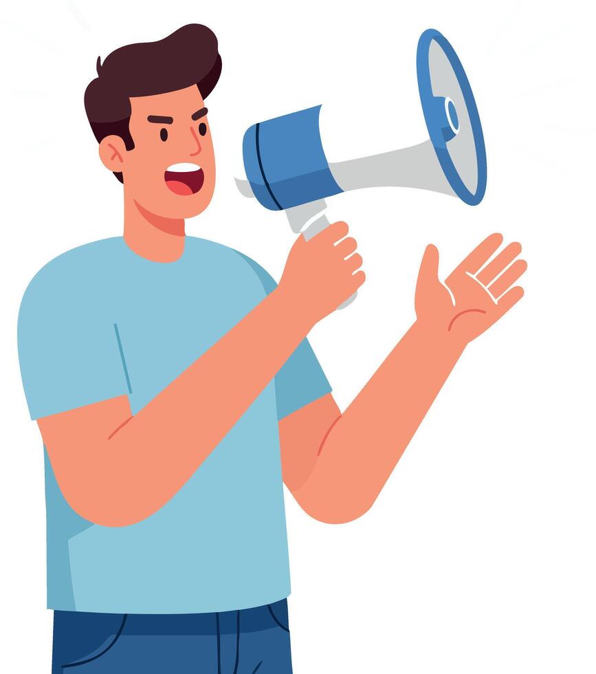 Young man speaking through megaphone announcement and communication illustration vector