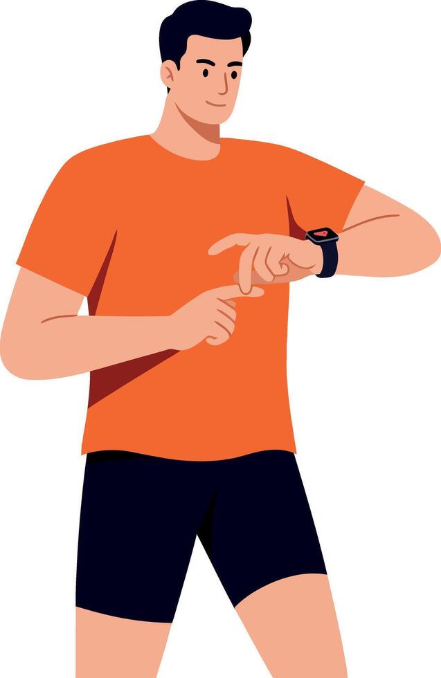 Man in orange shirt checking smartwatch fitness tracker technology illustration vector