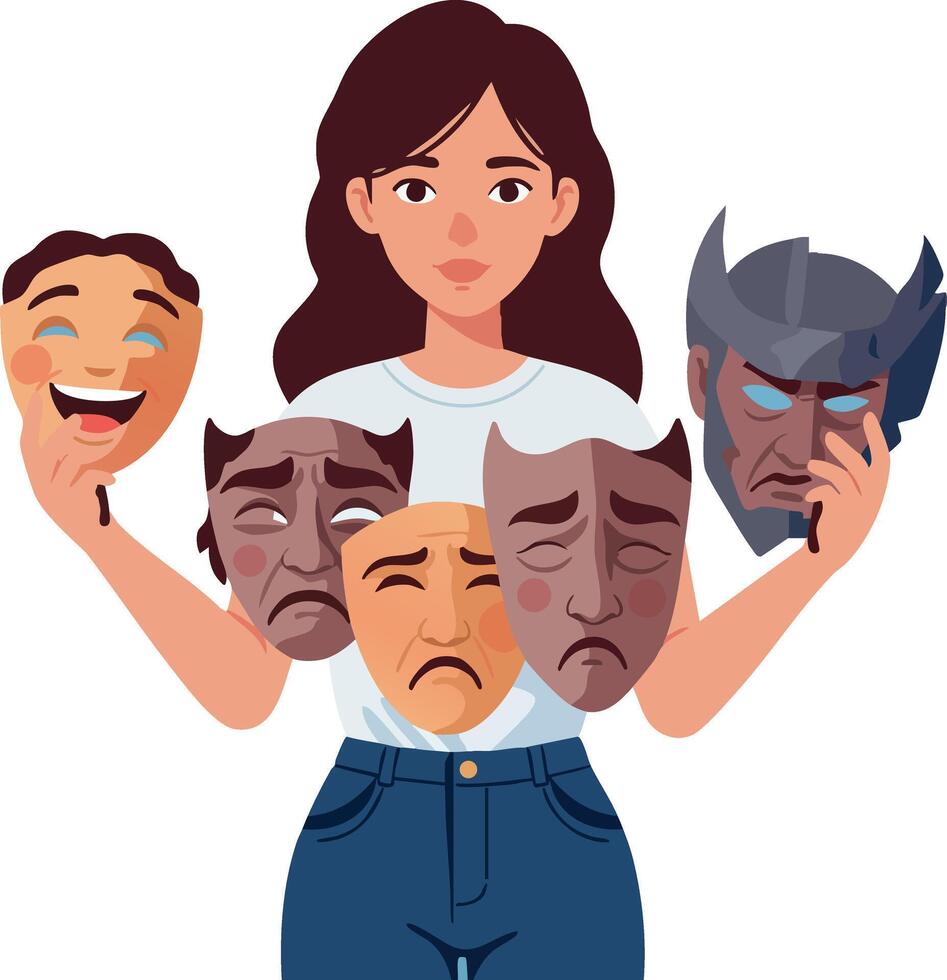Woman holding multiple theatrical drama comedy tragedy masks illustration vector