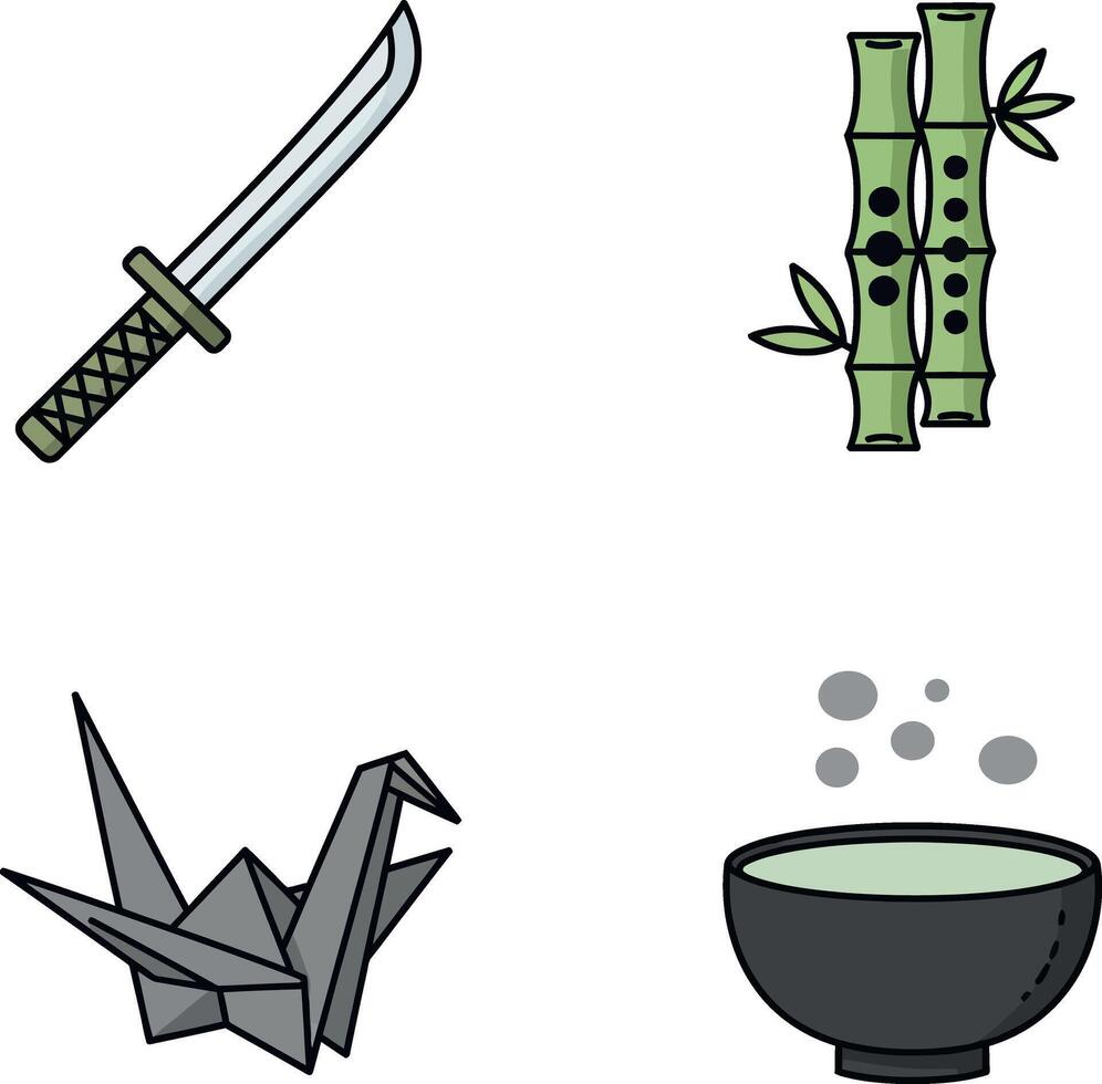 Japanese samurai sword bamboo origami crane and steaming tea bowl illustration set vector