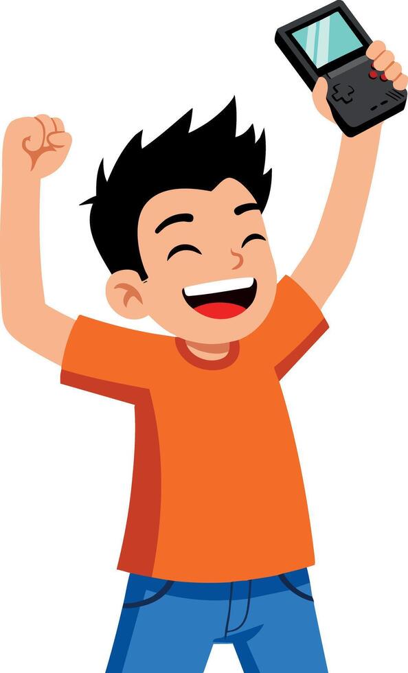 Happy boy celebrating with handheld gaming console in orange shirt and blue pants illustration vector