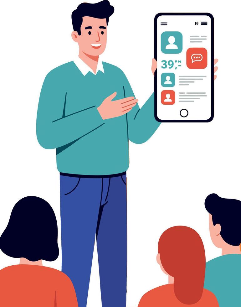 Man Giving Presentation with Mobile Phone Showing Social Media Analytics Illustration vector
