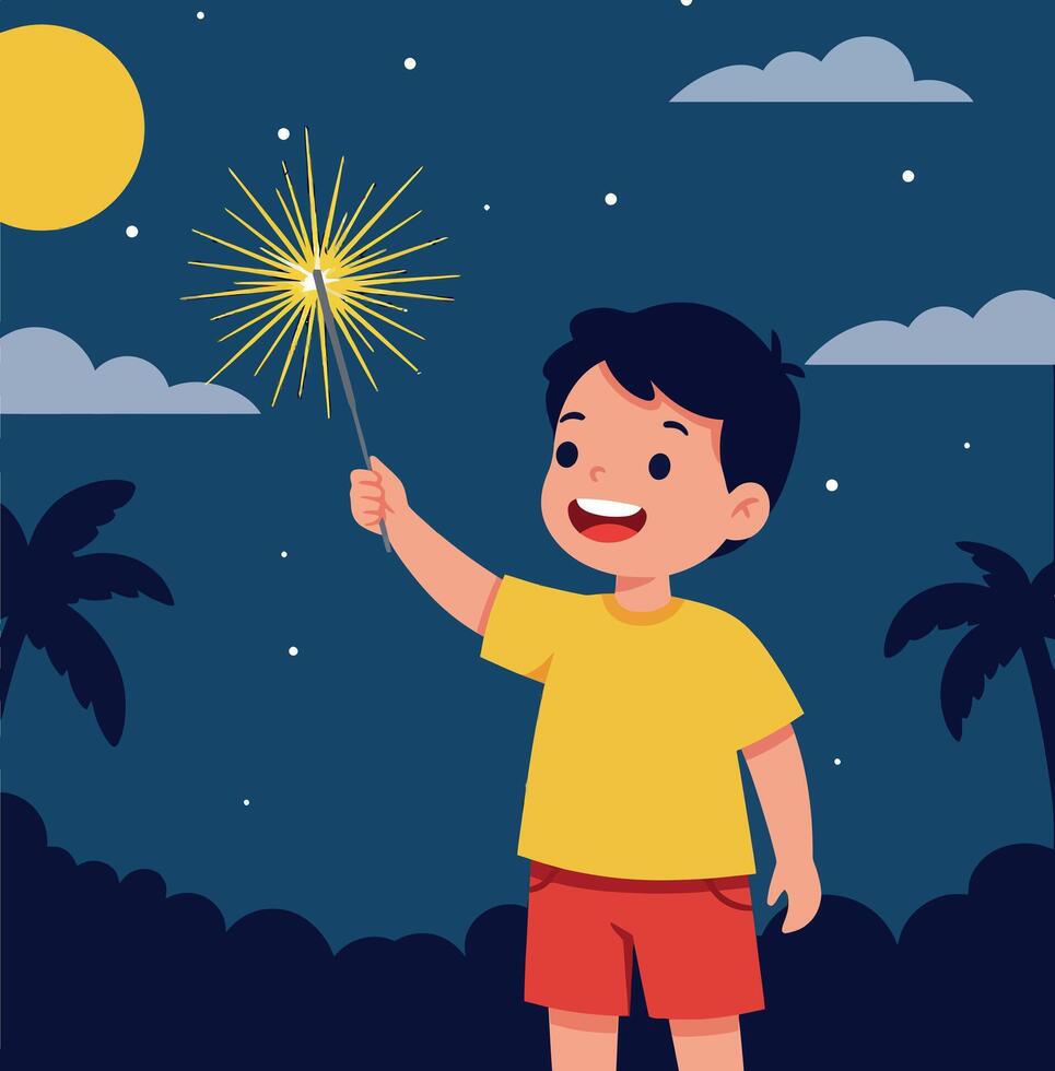 Boy holding sparkler at night with full moon and palm trees summer celebration scene vector