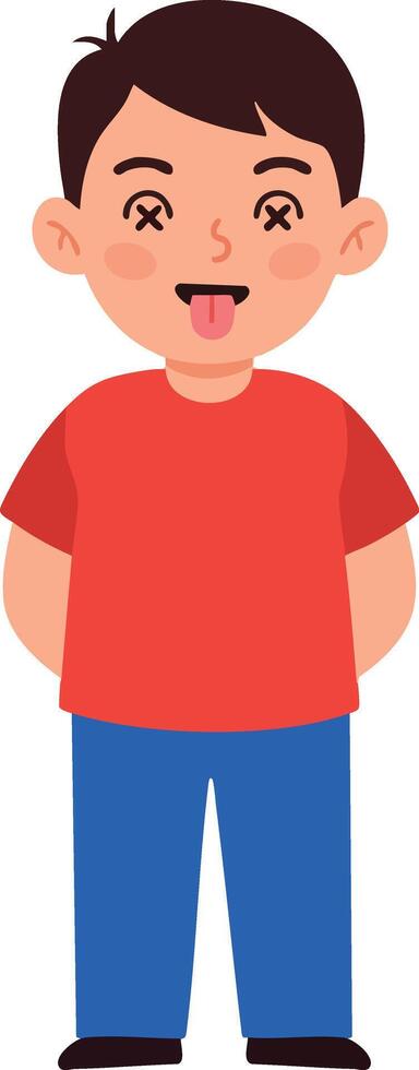 Boy in red shirt and blue pants making funny face sticking tongue out illustration vector