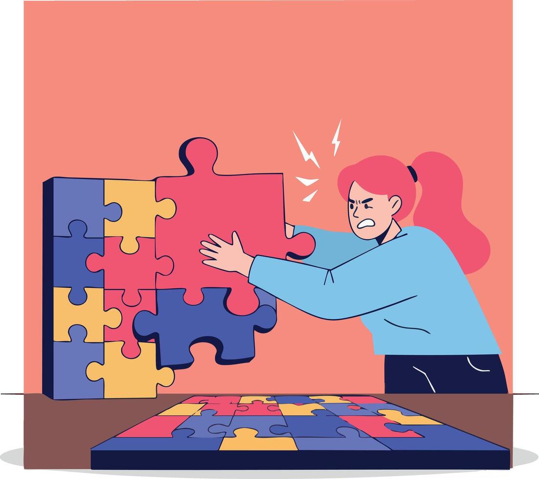 Woman struggling to fit jigsaw puzzle piece frustration and challenge concept illustration vector