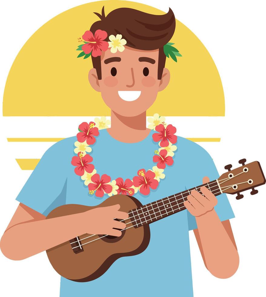 Young man playing ukulele with flower lei and tropical background illustration vector