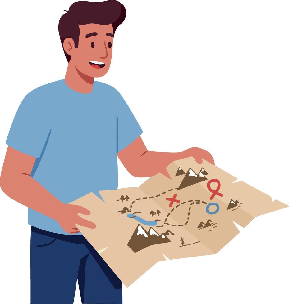 Man Exploring Adventure Map with Mountains and Markers Illustration vector