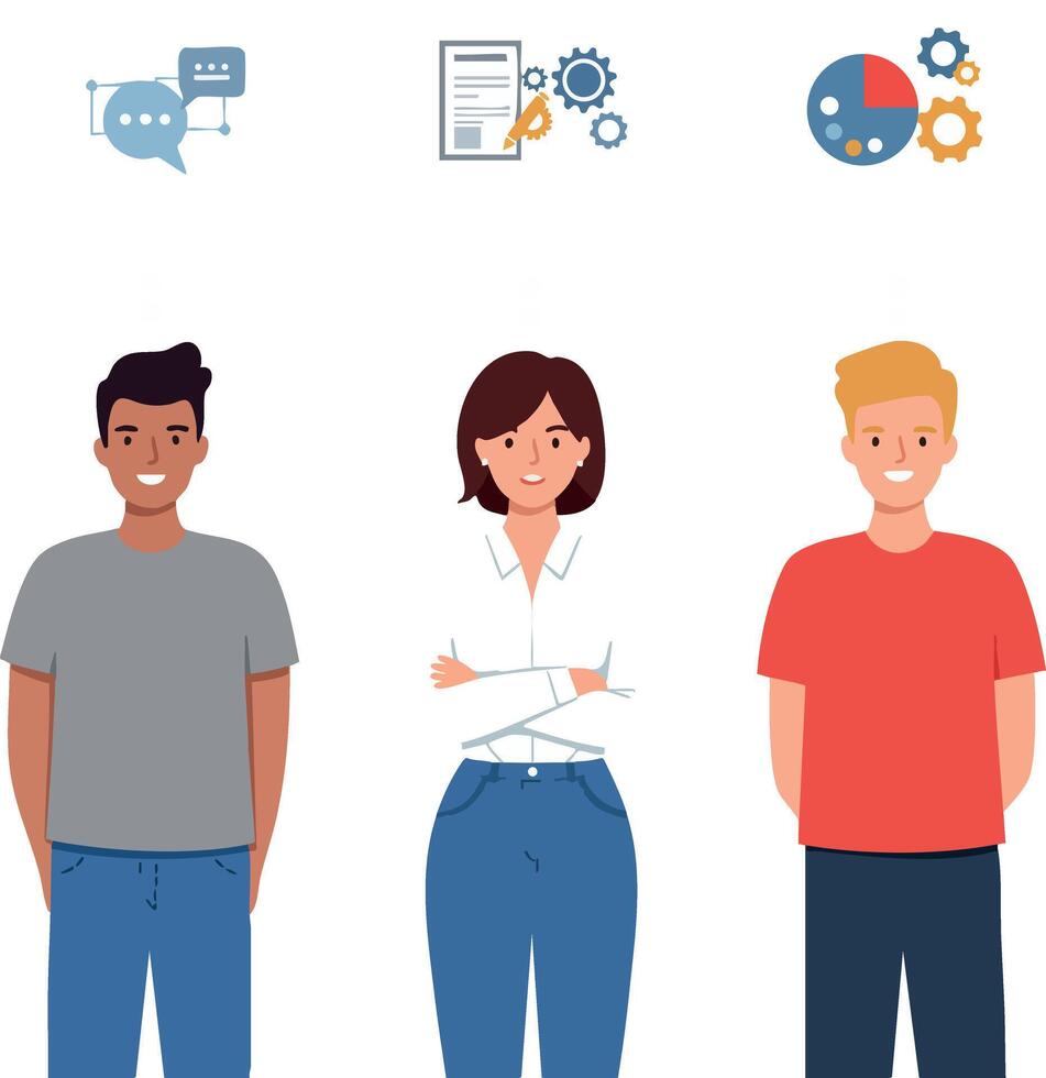 Diverse group of young adults with communication and business icons above heads illustration vector