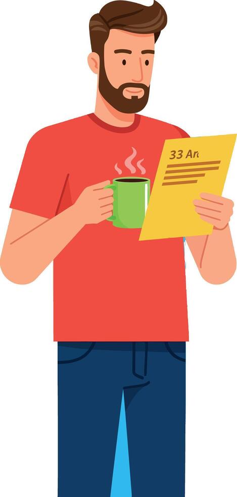 Man in red shirt reading newspaper holding green cup illustration vector