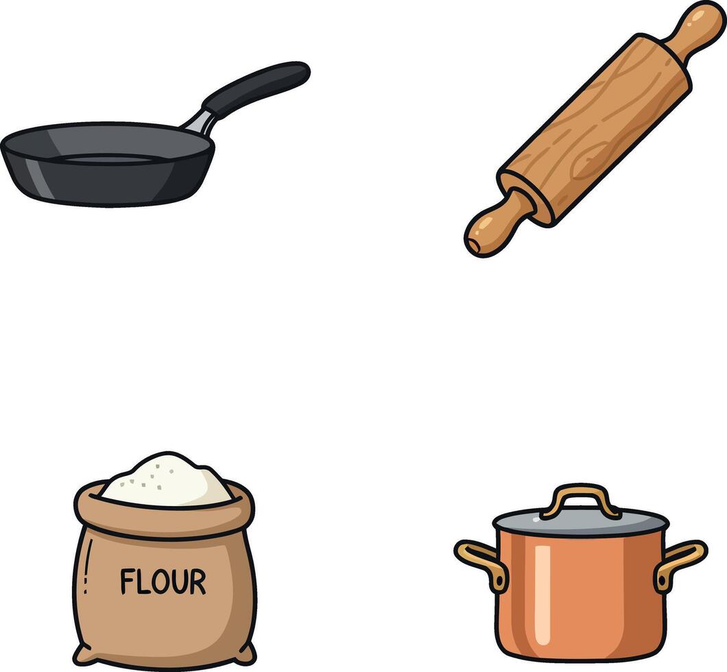 Cooking utensils with frying pan rolling pin flour bag and cooking pot illustration vector