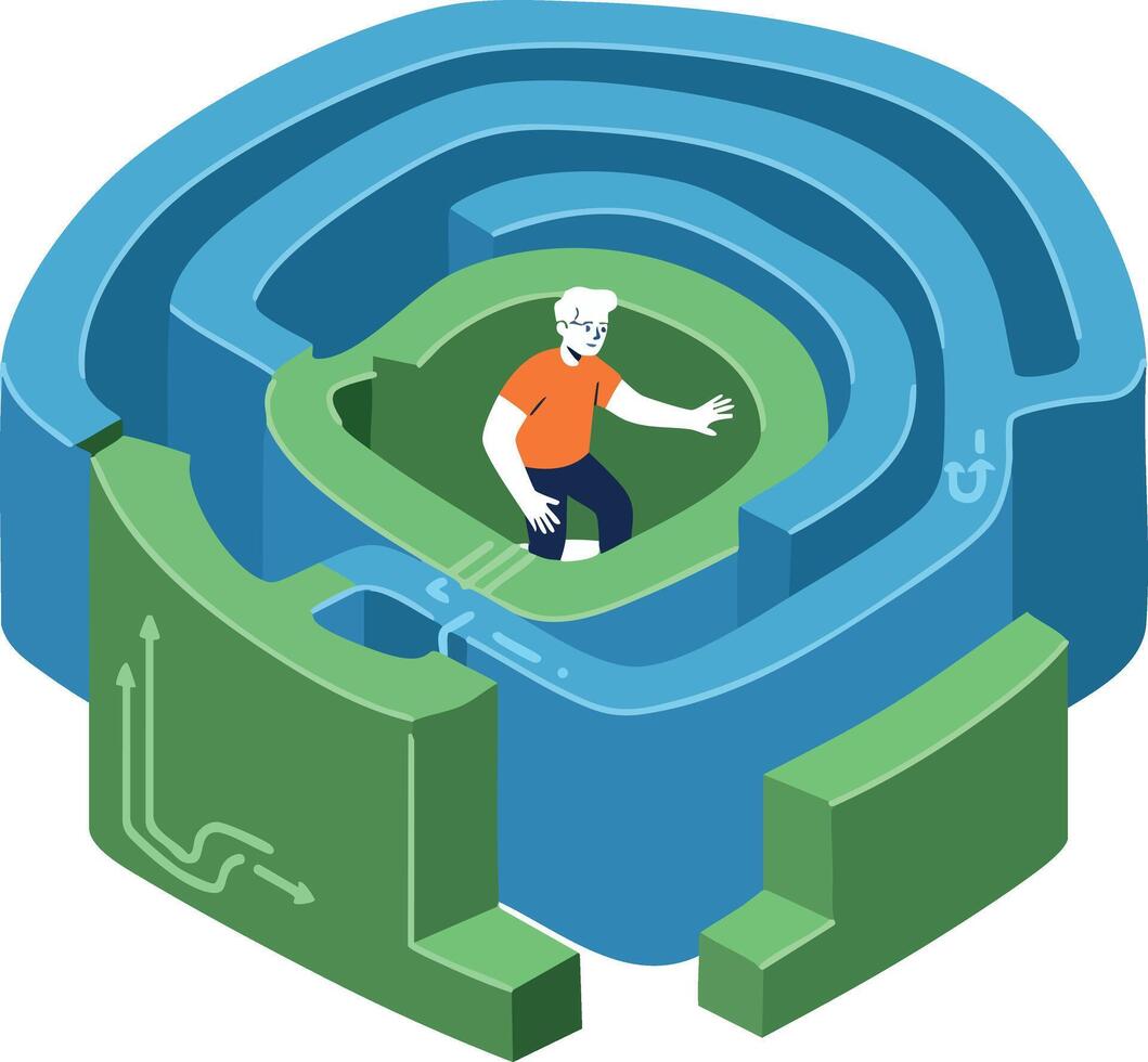Person navigating blue and green maze puzzle in isometric illustration design vector