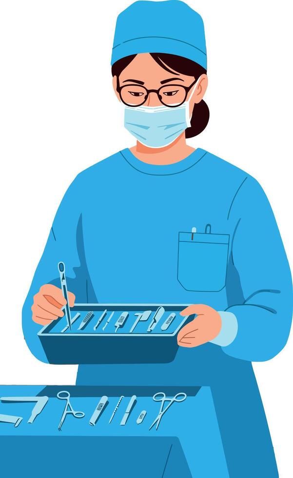 Female surgeon in blue scrubs preparing surgical instruments in operating room illustration vector