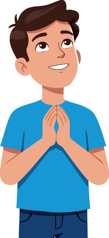 Young boy praying with hopeful expression in blue shirt illustration vector