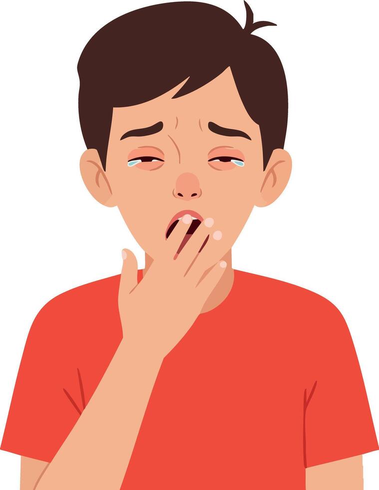 Tired boy yawning with hand covering mouth in red shirt illustration vector